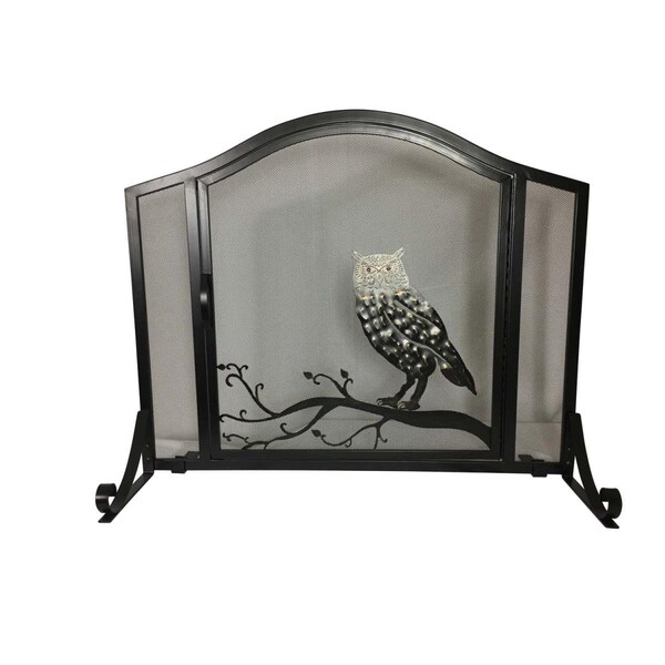 Dagan Owl Design Wrought Iron Arched Panel Screen with Door, Black & Bronze S151 - main